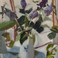 Framed painting of a still life with flowers and a vase on a dark blue wall.